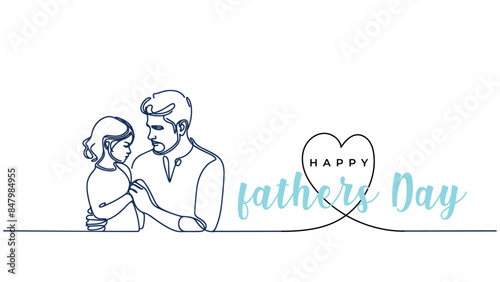 Happy Fathers day vector background  web banner  poster. Dad with daugther. One continuous line drawing with lettering Fathers day