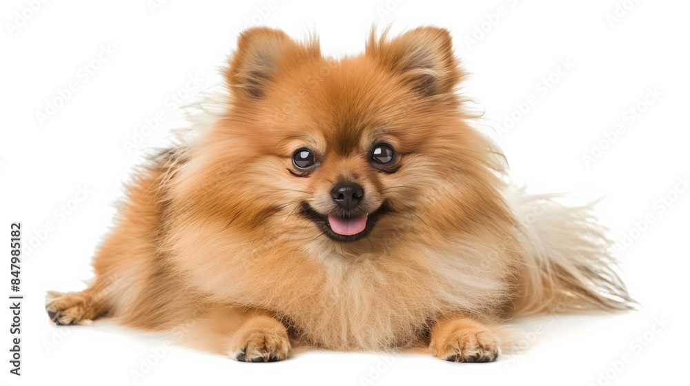 A happy Pomeranian dog with a pink tongue is laying on a white background A happy Pomeranian dog with a pink tongue is laying on a white background