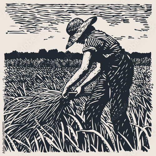 Woman farmer working in the field, vector illustration
