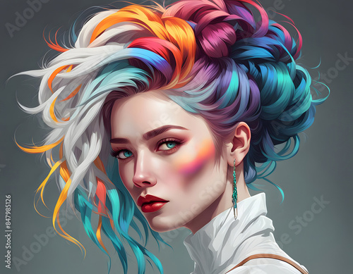 Young woman with white skin and a colorful crazy hairstyle photo