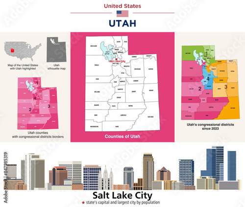 Utah counties map and at-large congressional district map. Salt Lake City skyline (state's capital and most populous city). Vector set