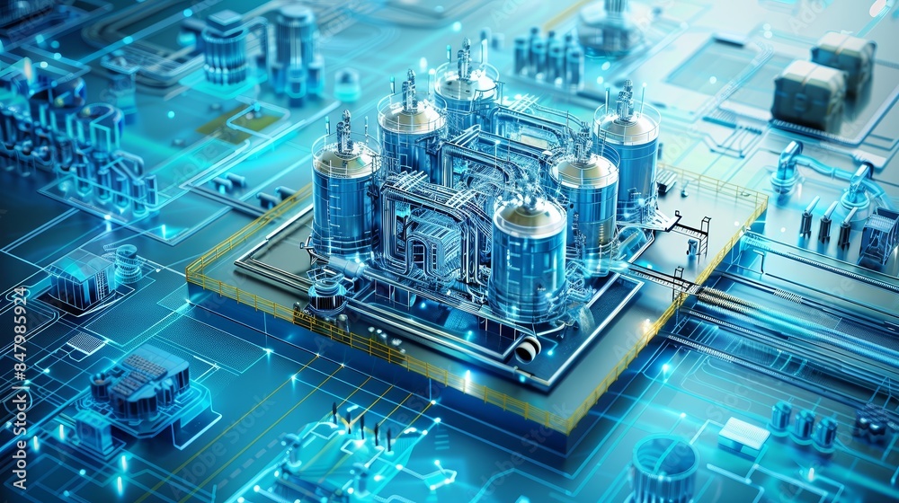 A computer chip with a blue background and a factory with many tanks