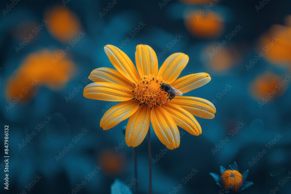 Minimalist aesthetic image of a single bee on a bright yellow flower, Minimalist aesthetic image of a single bee on a bright yellow flower,