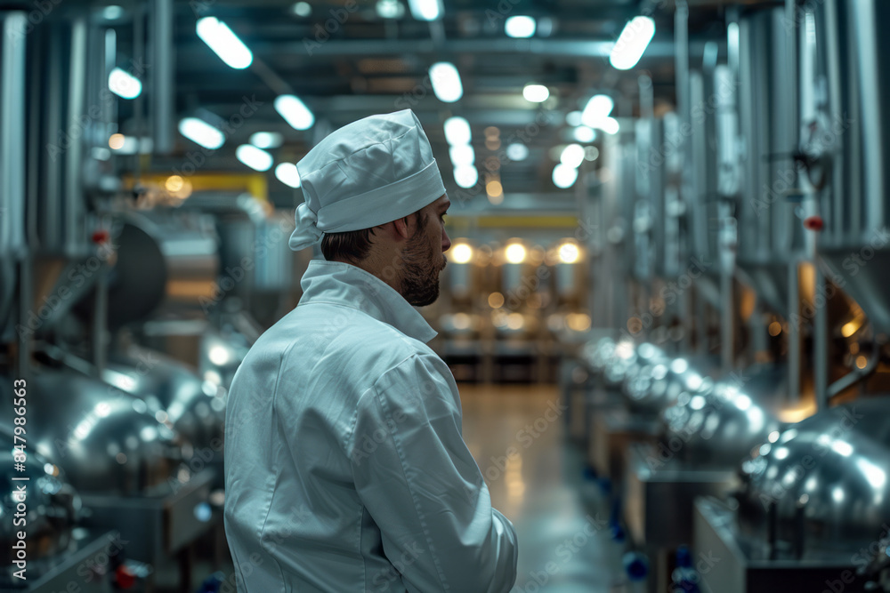 Minimal aesthetic image of a food factory worker inspecting machinery in a clean, modern facility, Minimal aesthetic image of a food factory worker inspecting machinery in a clean, modern facility,