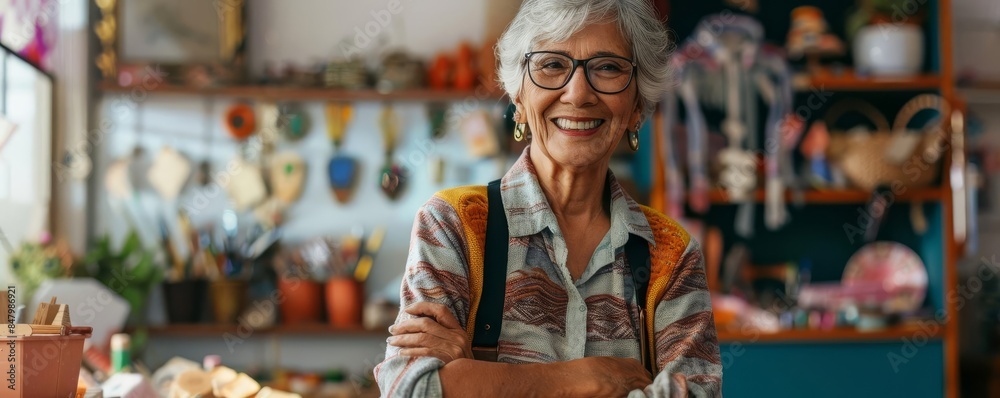 Crafting Lifestyle Focus on a smiling older woman, Hispanic, 50s, making crafts in a bright workshop, empty space left for text Look at camera