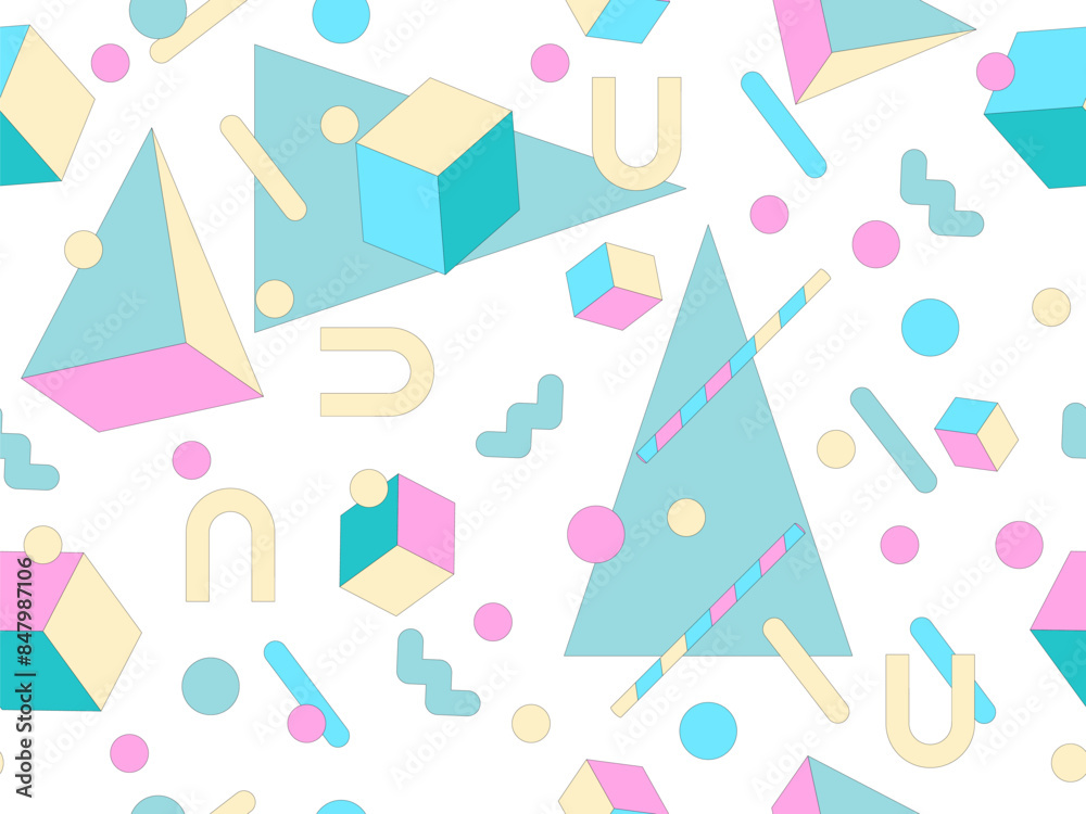 Geometric seamless pattern with memphis elements in 80s style. Colorful geometric pattern. Design of promotional products, wrapping paper and printing. Vector illustration