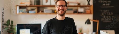 Home Office Setup Focus on a man, Caucasian, 30s, smiling and looking at the camera, setting up a home office Background is a modern home office, empty space center for text