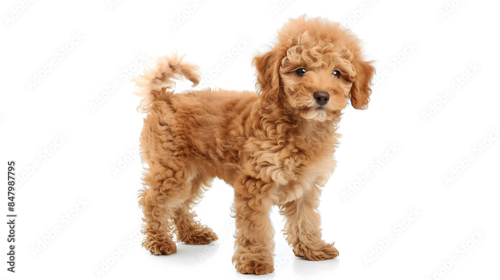 A small brown dog with a fluffy tail stands on a white background A small brown dog with a fluffy tail stands on a white background