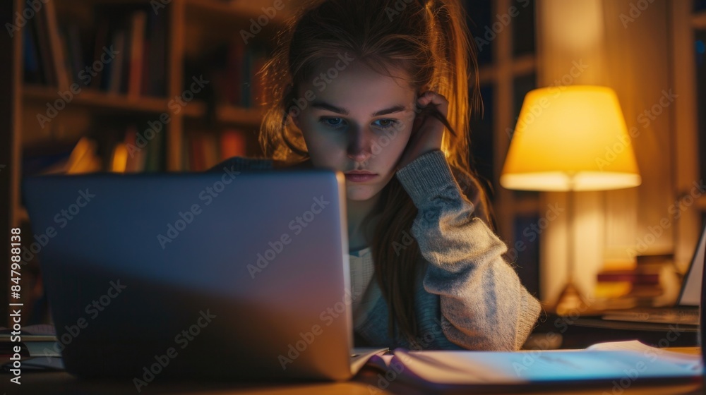 A young woman studies at her desk late at night, using a laptop and a desk lamp A young woman studies at her desk late at night, using a laptop and a desk lamp