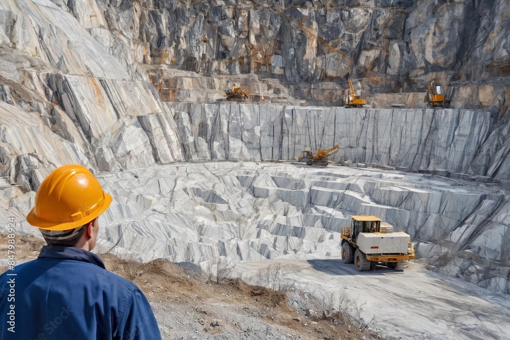 Surveyor overlooking a vast mining operation. Back view of a mining engineer at a mine site. Male workers in mining. Surveyor overlooking a vast mining operation. Back view of a mining engineer at a mine site. Male workers in mining.