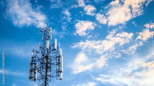 a clear view of Antenna tower of telecommunication and mobile base station with TV and wireless internet antennas
