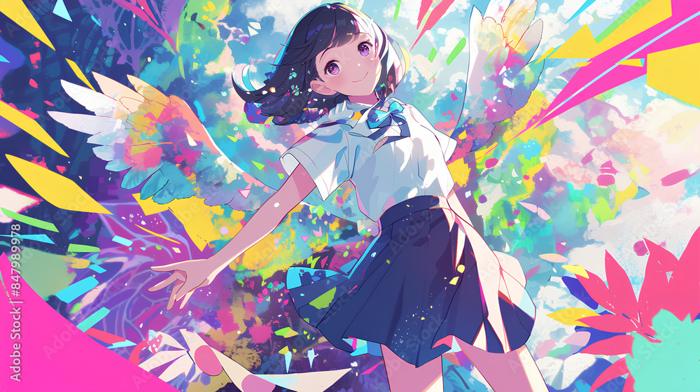 Fototapeta premium anime beautiful happy girl psychedelic background