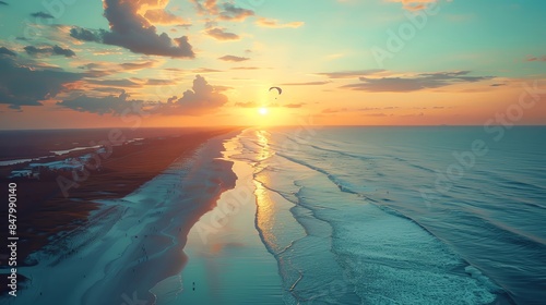 Aerial view of paramotor flight over a serene beach at sunrise, colorful parachute, tranquil ocean, clear sky, stunning clarity, high resolution photo