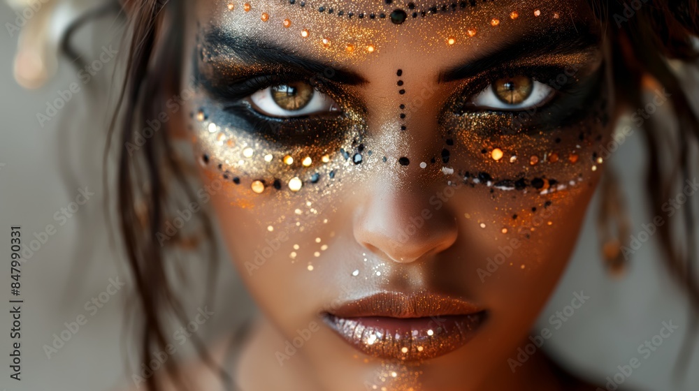 Close-up portrait of a person with artistic makeup featuring glitter and intricate patterns around the eyes, creating a mesmerizing look. Close-up portrait of a person with artistic makeup featuring glitter and intricate patterns around the eyes, creating a mesmerizing look.