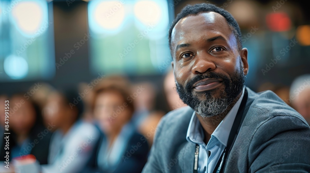 Fototapeta premium A professional man in a suit at a conference, focus on his confident expression