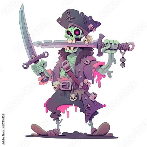 An illustration of a zombie pirate with pink eyes holding two swords