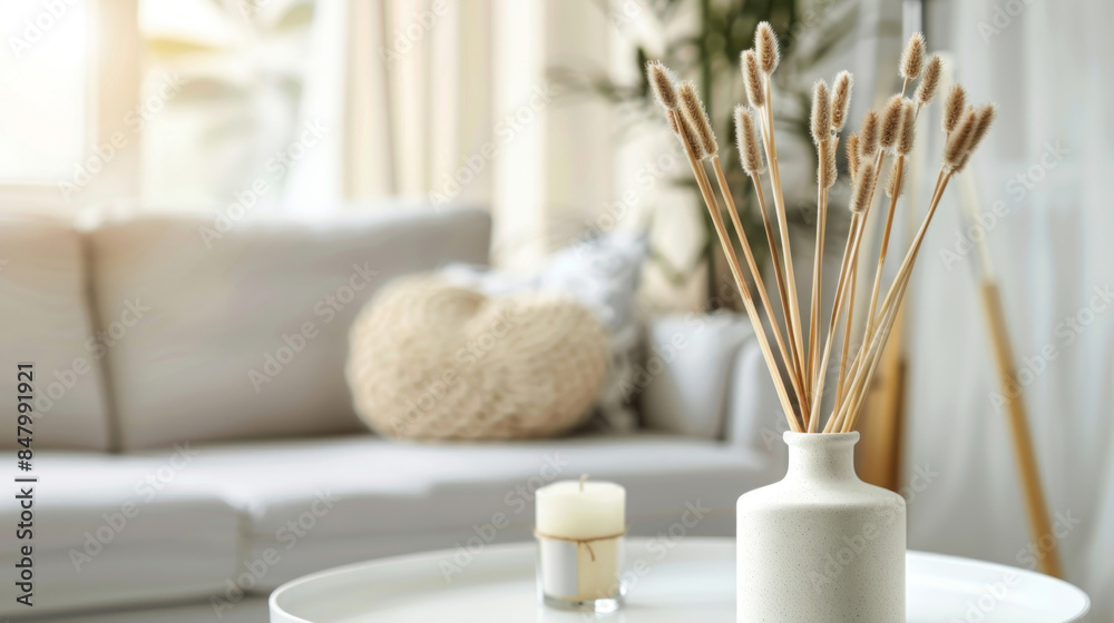 Handmade reed freshener on white table in cozy living room Handmade reed freshener on white table in cozy living room