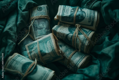 Bundles of rolled up 100 dollar bills secured with twine on a green cloth background photo