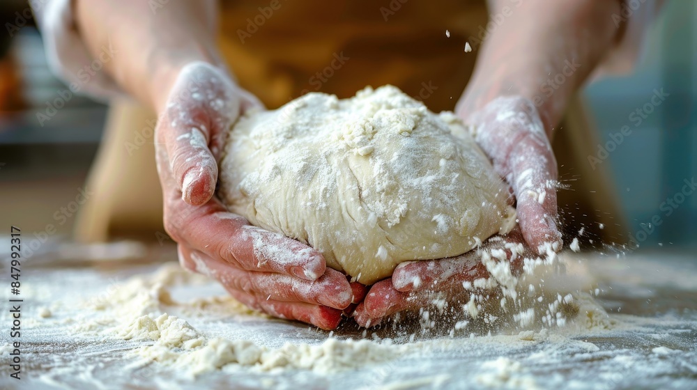 Hands shaping dough into a round ball, surrounded by flour on a wooden countertop Hands shaping dough into a round ball, surrounded by flour on a wooden countertop