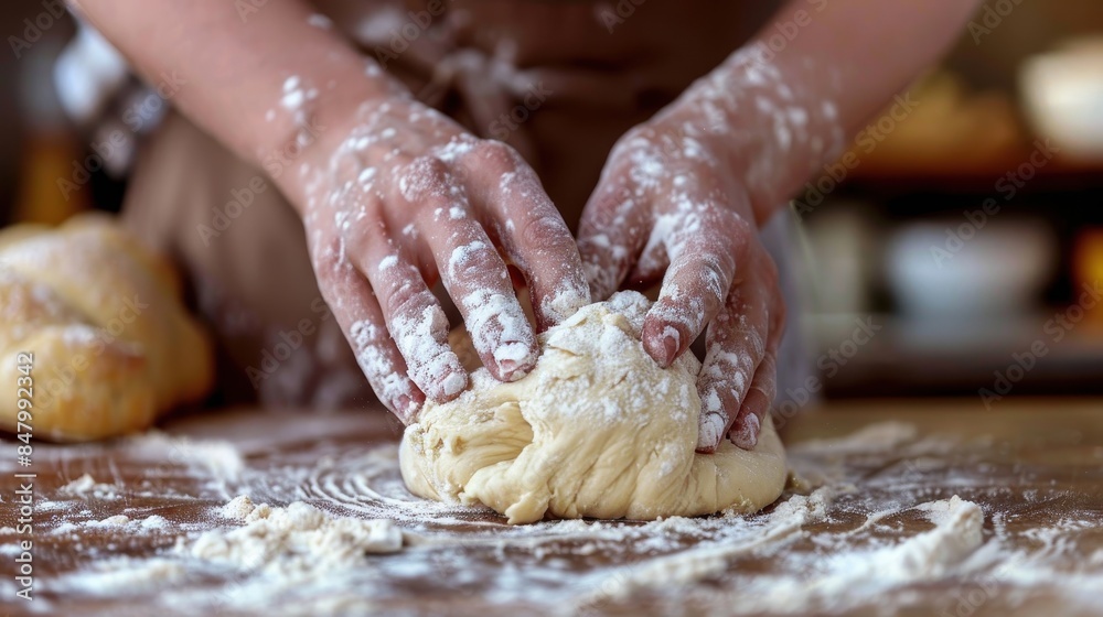 Floured hands press and shape the dough on a floured wooden surface in a bakery Floured hands press and shape the dough on a floured wooden surface in a bakery