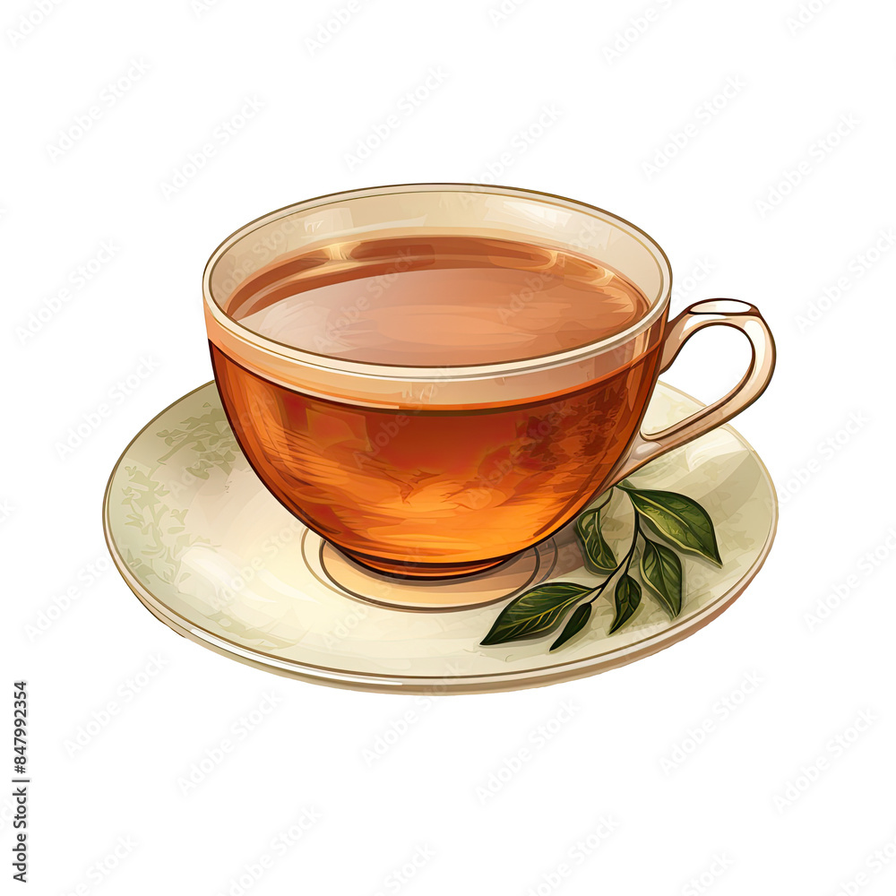 An illustration of sweet tea in a cup with green leaves
