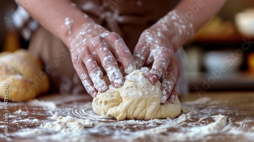 Floured hands press and shape the dough on a floured wooden surface in a bakery