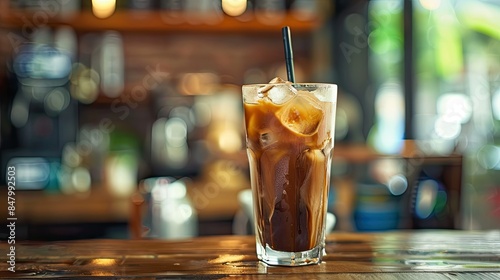 Iced coffee in a tall glass on wood table at coffee shop