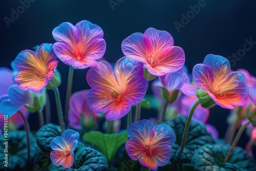 Vibrant and luminous flowers glow against a dark backdrop, showcasing the natural beauty and intricacy of floral biology