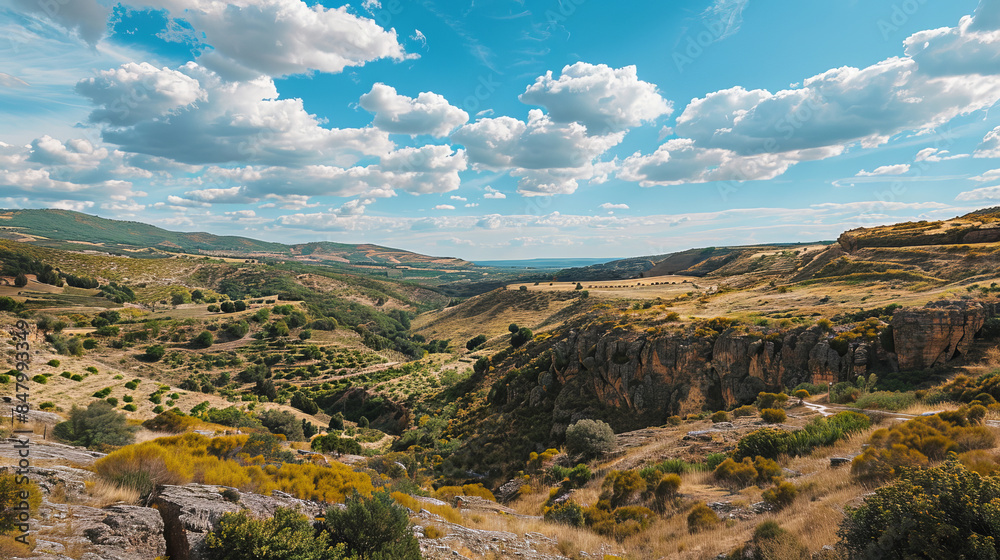 Fototapeta premium Landscape of Barrancas de Burujon hills under a blue sky in Toledo