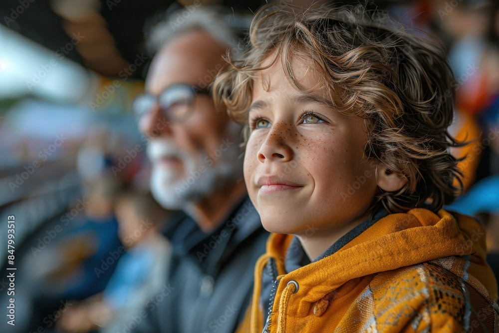 Close-up of a curly-haired boy with a thoughtful expression, wearing a yellow hoodie in a crowd Close-up of a curly-haired boy with a thoughtful expression, wearing a yellow hoodie in a crowd