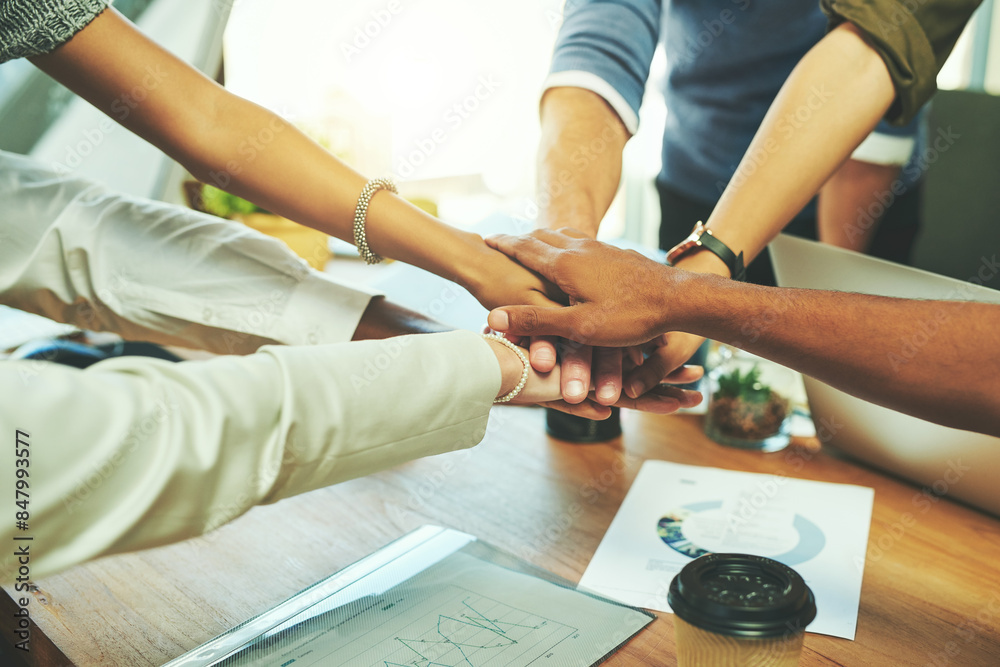 Fototapeta premium Team building, group and pile of hands with office, businesspeople and partnership for support. Teamwork, law firm and legal consultant for goal, help or mission target for corporate attorney