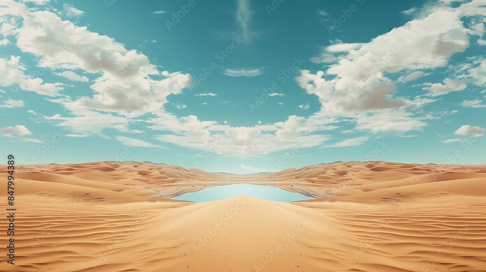 A serene desert landscape with a small lake reflecting the blue sky and fluffy clouds. The symmetrical composition creates a sense of peace and tranquility. A serene desert landscape with a small lake reflecting the blue sky and fluffy clouds. The symmetrical composition creates a sense of peace and tranquility.