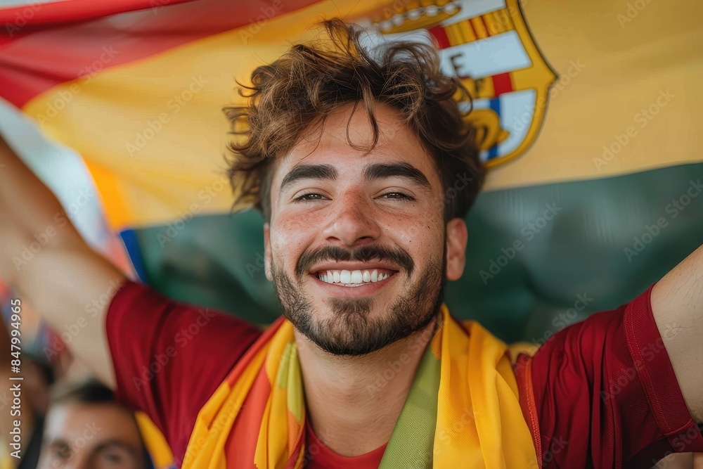 Young enthusiastic male soccer fan cheering in a crowded stadium with a Spanish flag Young enthusiastic male soccer fan cheering in a crowded stadium with a Spanish flag