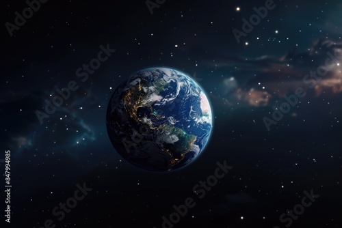 Earth in Outer Space with Stars and Nebula