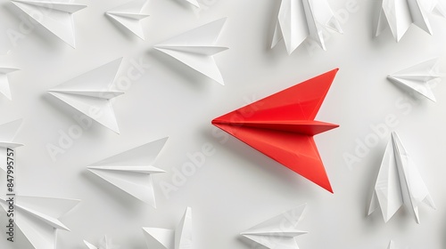 Leading red paper airplane among white ones, set against a white background, highlighting leadership