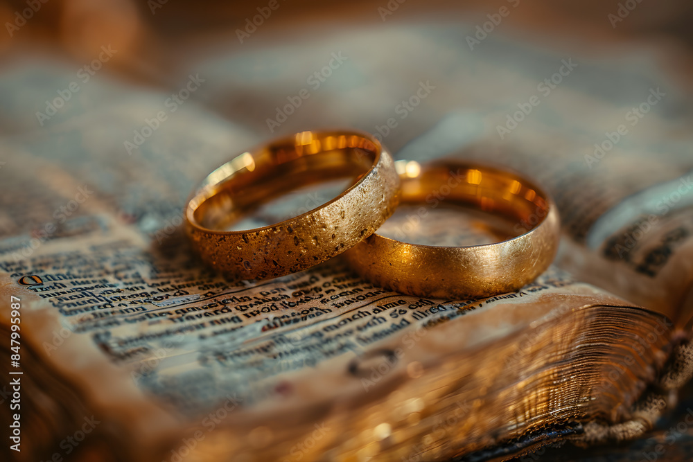 A closeup of two golden wedding rings and a holy bible represents the concept of marriage and the love between two Christians A closeup of two golden wedding rings and a holy bible represents the concept of marriage and the love between two Christians