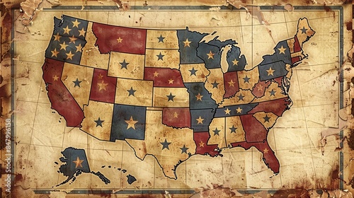 Vintage USA map with flag overlay border, blank middle, old map style, with wornout textures