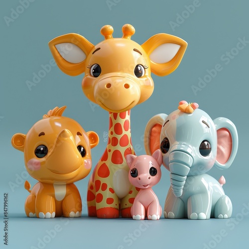 A giraffe, rhinoceros, elephant, and pig figurine stand together on a blue background