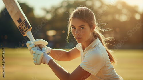  Female cricketer in action with bat at sunset in stadium portraying determination and focus perfect for sports enthusiasts and women empowerment themes in athletics photo