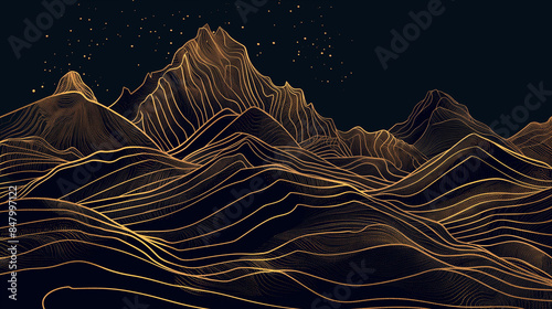 A contemporary digital artwork featuring golden line-art mountains on a black background