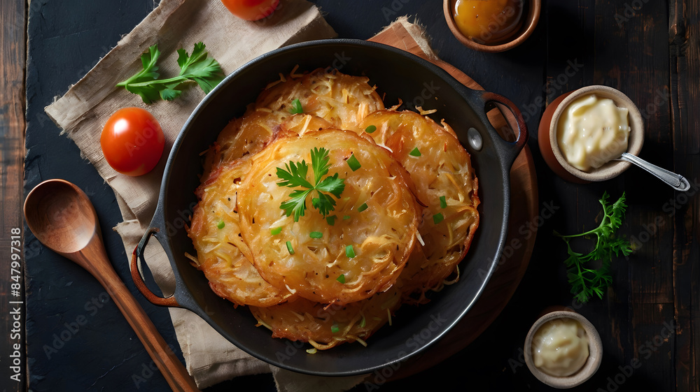 Tasty crispy golden yellow potato fried hash browns with garnished ...