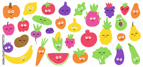 Vector collection of funny vegetables and fruits with eyes and cute faces, hand-drawn in doodle style