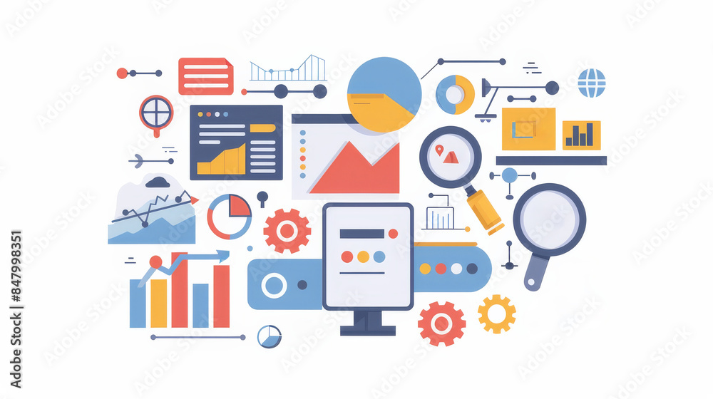 An illustration featuring a computer monitor with magnifying glasses, charts, and graphs, symbolizing the concept of data analysis and research An illustration featuring a computer monitor with magnifying glasses, charts, and graphs, symbolizing the concept of data analysis and research