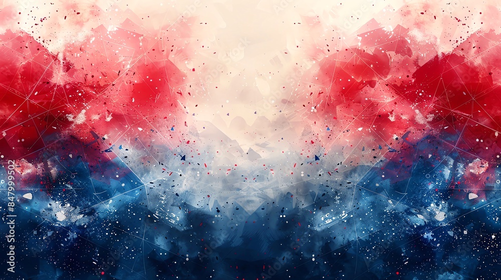 Red, white, and blue geometric shapes around edges, blank middle, abstract style, with modern flair