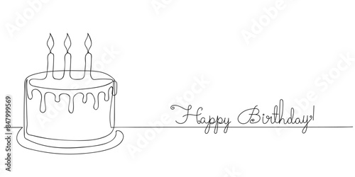 Continuous one line drawing of birthday cake with candles. Symbol of sweet celebration torte and pastry confectionery icon concept in simple linear style. Vector illustration in flat style