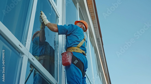 A professional window cleaner washes the exterior windows of a contemporary building on a clear day with safety equipment photo