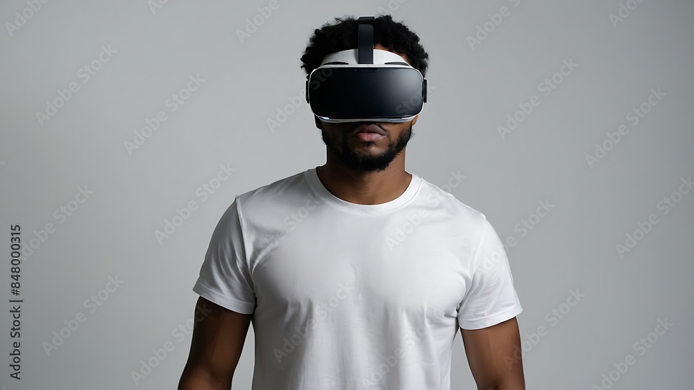 Young african american man wearing virtual reality headset on white background. VR. Virtual reality concept with Copy Space Young african american man wearing virtual reality headset on white background. VR. Virtual reality concept with Copy Space