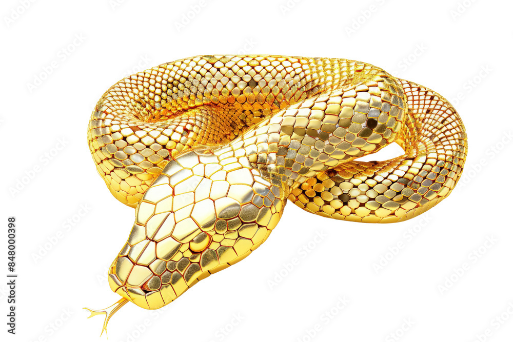 Fototapeta premium Gold Snake With A Gold Band Around Its Body, 3D Render, Illustrations, Isolated On A Transparent Background.