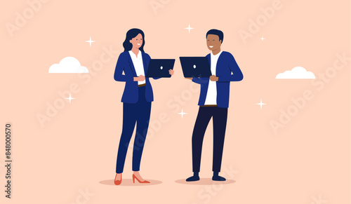 Great IT computer office workers - Man and woman standing with laptops in hand smiling together with small excellence stars around. Flat design vector illustration with beige background