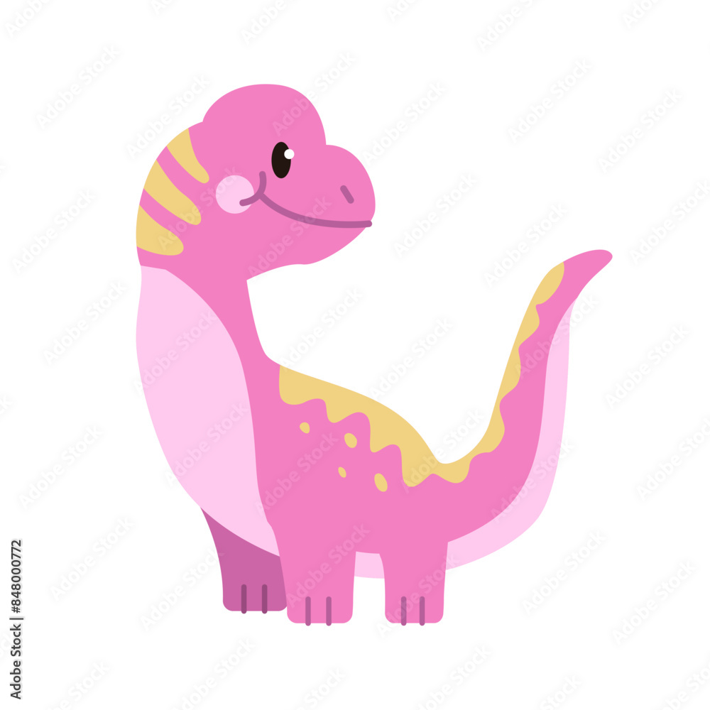 Obraz premium Cute Baby Pink Brontosaurus Isolated on White Background. Design for Kids Clothes, Invitations, Greeting Cards. Vector Illustration in Cartoon Style.